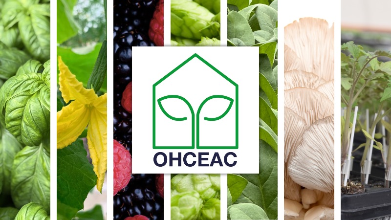 Logo for OHCEAC surrounded by images of grown plants, separated by a diamond pattern
